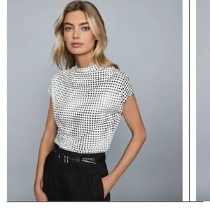 Reiss Women’s Pax Printed Jersey Top Viscose Stretchy Black White Top Sz Med